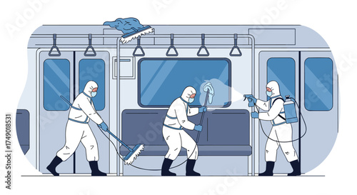 Public transportation is being disinfected by specialists in hazmat suits. This is to prevent the spread of disease.
