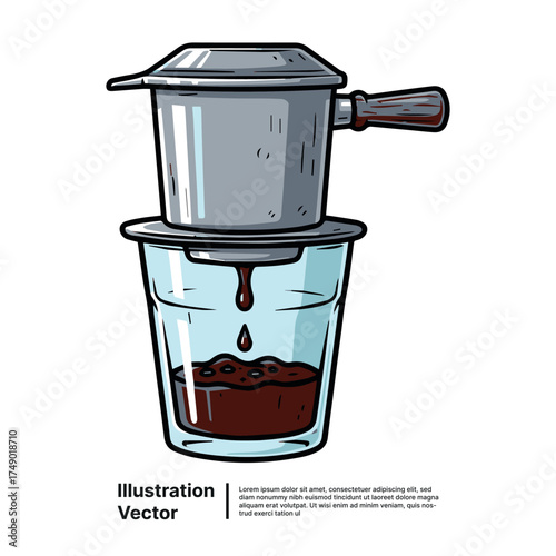 Artistic hand-drawn illustration depicting a traditional pour-over coffee preparation setup with dripping brew
