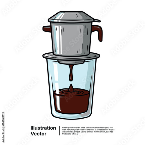 Hand-drawn illustration of a Vietnamese coffee filter dripping rich coffee into a glass