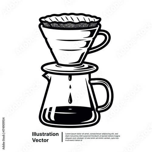 Hand-Drawn Coffee Dripper and Carafe Pouring Hot Beverage for Morning Brew