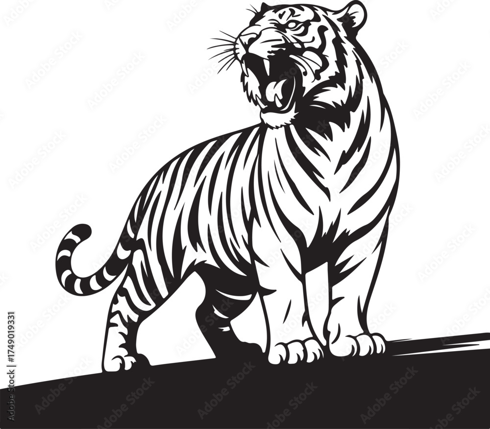 Fototapeta premium Black and White Roaring Tiger Wild Animal Silhouette Dangerous Feline Predator