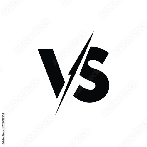 The bold versus symbol in stark black and white is divided by lightning