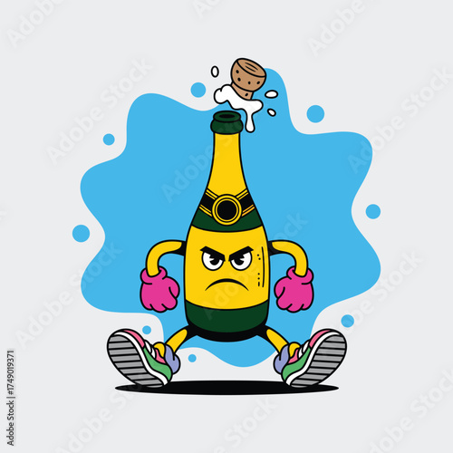 Angry cartoon champagne bottle with legs, arms, and shoes on a blue splash Keywords: champagne