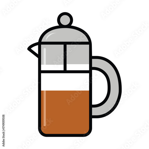Simple french press coffee maker with rich brown liquid shown against a white background