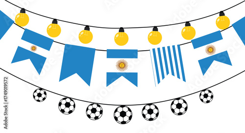 Festive garland of Argentine flags and soccer balls strung with lights.
