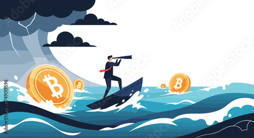 Man in a suit looks through binoculars from a boat in stormy seas with bitcoin coins.
