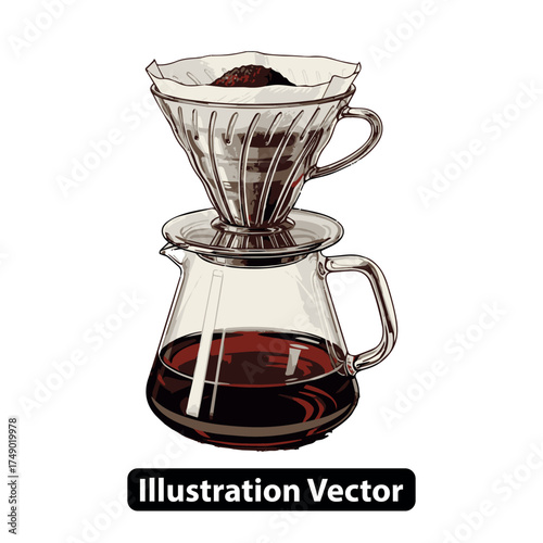 Hand-drawn vector illustration of a pour-over coffee brewing setup, featuring dripper and glass carafe
