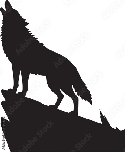 Wolf Howling At Moon Silhouette On Cliff Vector Illustration Isolated On Transparent Background Dark Night Predatory Animal