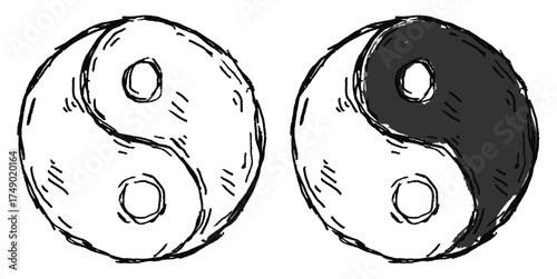 Grunge sketch hand-drawn yin yang vector. Ideal for balance, harmony, and philosophy themes. This graphic symbolizes duality and opposite forces with a distressed, gritty aesthetic.