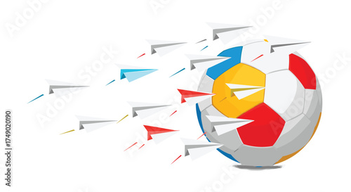 Paper airplanes flying around a colorful soccer ball creating a dynamic and exciting scene.