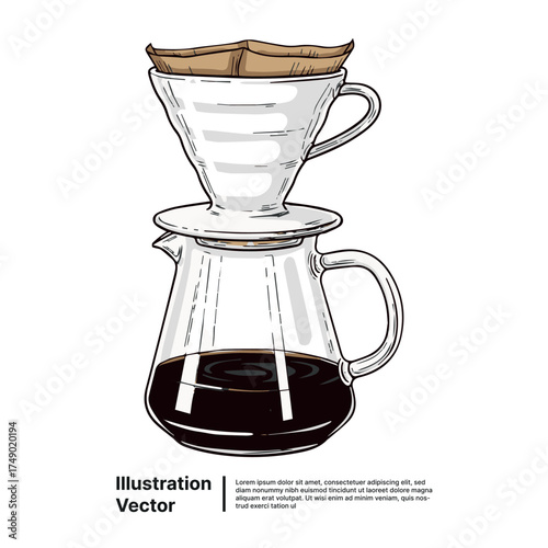 Hand-drawn vector illustration of a pour-over coffee brewing set for a fresh morning routine