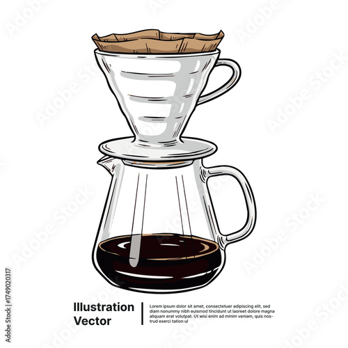 Hand-drawn illustration of a pour-over coffee dripper brewing fresh coffee into a glass server