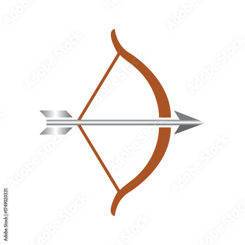 A silver arrow is loaded in the brown bow, ready for launch on white background