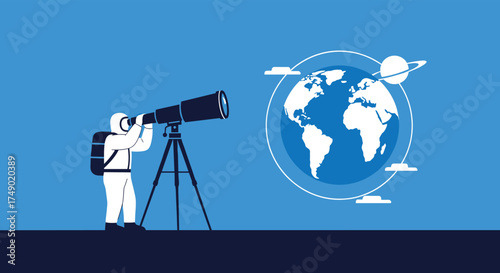 Scientist with a telescope observing the planet earth.