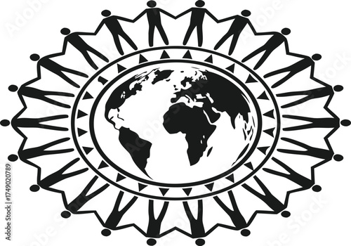Global unity and collaboration shown with people holding hands around the world in a symbolic illustration