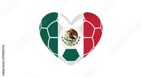 A vibrant heart shaped soccer ball adorned with the colors and emblem of the Mexican flag.