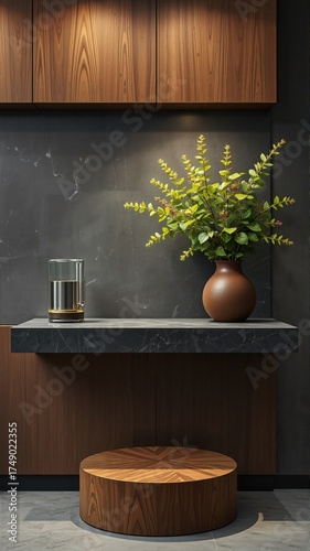 Modern Interior with Wooden Cabinet and Green Plant