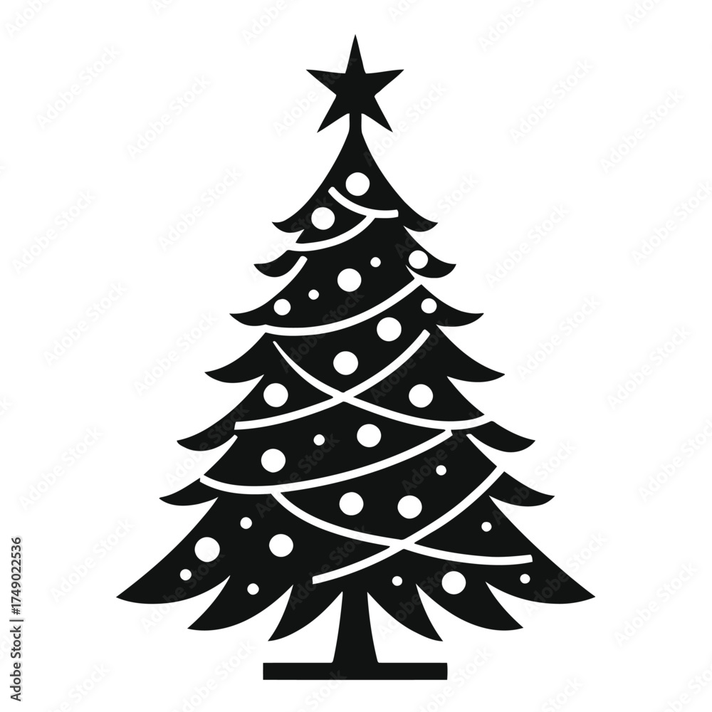 Obraz premium christmas tree isolated on white. A minimalist black and white silhouette of a christmas tree, topped with a star and decorated with simple ornaments, captures the essence of the holiday season