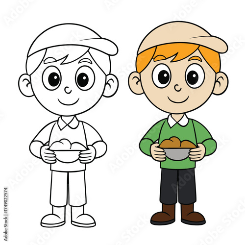 A charming coloring page featuring a cute boy joyfully holding food, ready to bring smiles and fun with playful details for kids and adults to color.

