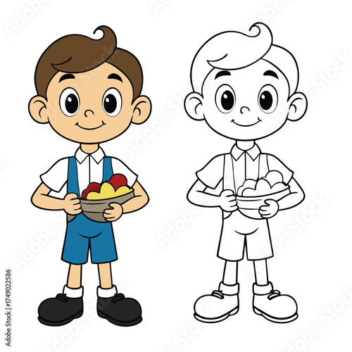A charming coloring page featuring a cute boy joyfully holding food, ready to bring smiles and fun with playful details for kids and adults to color.
