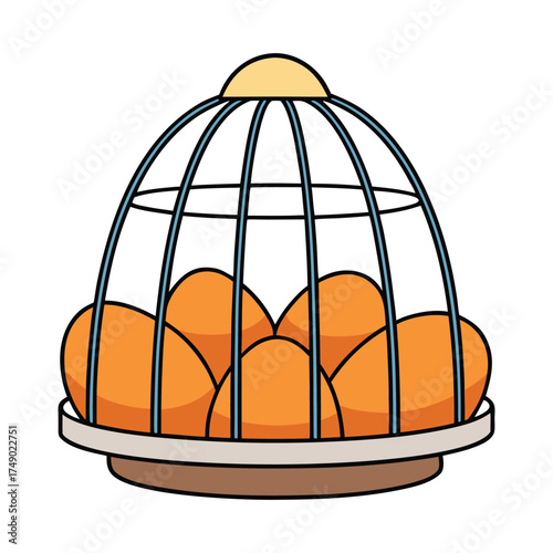 A group of eggs rests neatly inside a wire cage, their smooth shells glistening under soft light, symbolizing containment, protection, and the fragile start of new life.
