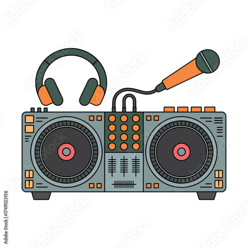 DJ equipment with headphones and microphone on white Keywords: DJ, equipment, turntable, mixer