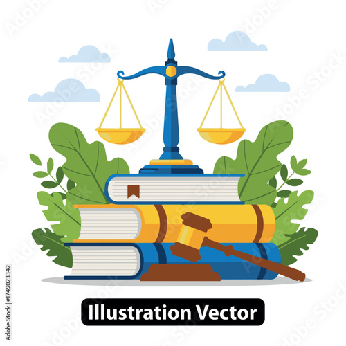 Conceptual illustration of legal principles, court proceedings, and judicial system education