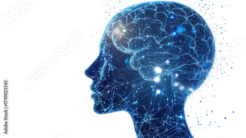 Digital human head with brain and network connections on black background on transparent background