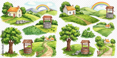 Watercolor illustrations of idyllic countryside landscapes featuring charming houses, lush green hills, rainbows, old wells, trees, and winding paths.