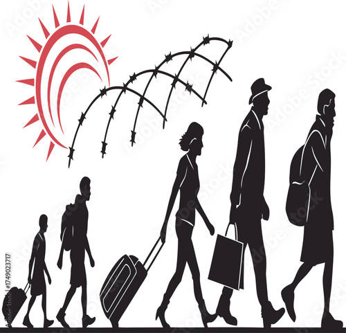 Silhouette of refugees migrating under barbed wire and a stylized sun representing hope and a new beginning