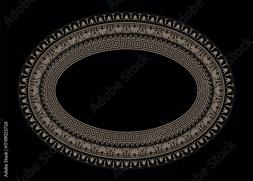 Oval gold porcelain plate with arabesques, floral ornament. Patterns of Greece, ancient Rome. Oval gold european border. Typical egyptian, chinese, greek motive. For textile, embroidery, porcelain