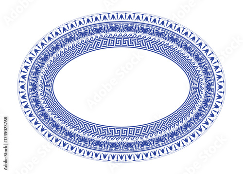 Oval blue porcelain plate with arabesques, floral ornament. Patterns of Greece, ancient Rome. Oval european border. Typical egyptian, chinese, greek motive. For textile, embroidery, porcelain