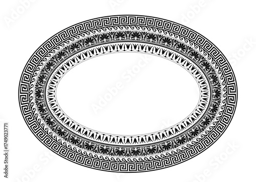 Oval black porcelain plate with arabesques, floral ornament. Patterns of Greece, ancient Rome. Oval black european border. Typical egyptian, chinese, greek motive. For textile, embroidery, porcelain