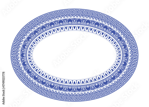 Oval blue porcelain plate with arabesque, floral meander. Greek key. Oval frame with greek ornament. Pattern of Greece, ancient Rome. For textile, embroidery, porcelain