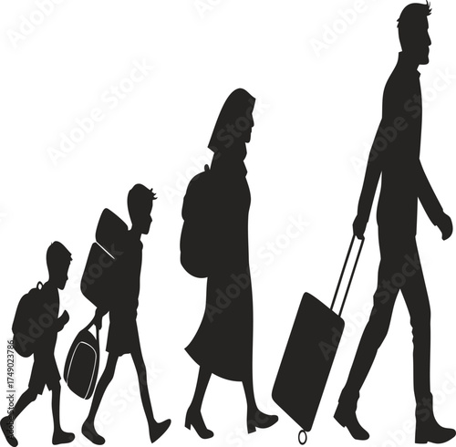 Silhouette of a refugee family walking with luggage representing migration and displacement from their home