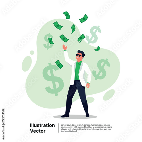 Rich millionaire businessman throwing cash in the air, a concept of success and prosperity