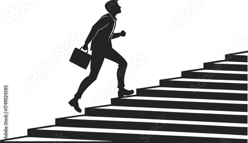 Silhouette of a businessman climbing stairs with a briefcase representing career growth and ambition