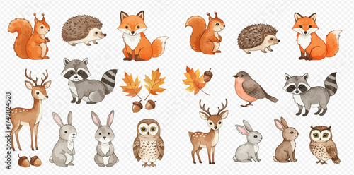 Cute watercolor forest animals and autumn elements illustration set, featuring squirrels, foxes, deer, raccoons, rabbits, owls, hedgehogs, and fall leaves.