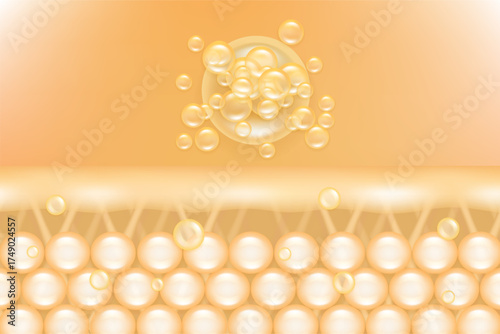 Hyaluronic acid and Niacinamide gray hair and skin solutions ad, gold collagen serum drops into skin cell with cosmetic advertising background ready to use, illustration vector.