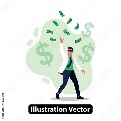 Joyful businessman celebrating significant financial success with money raining down, vector illustration