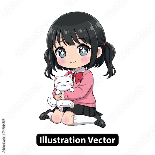 Adorable chibi anime schoolgirl with black pigtails cuddling a fluffy white cat