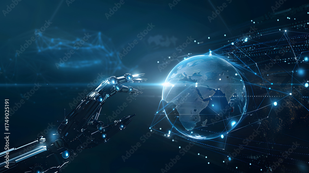Obraz premium Robot hand interacting with digital globe