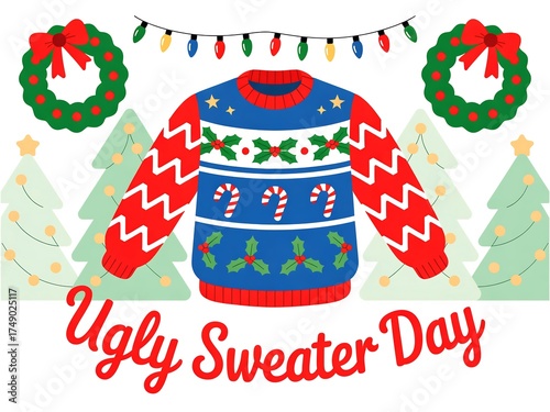 Festive ugly christmas sweater with candy canes and wreaths celebrating ugly sweater day