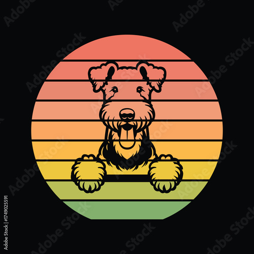 Airedale Terrier Dog Peeking Sunset Vintage Retro Dog Lover