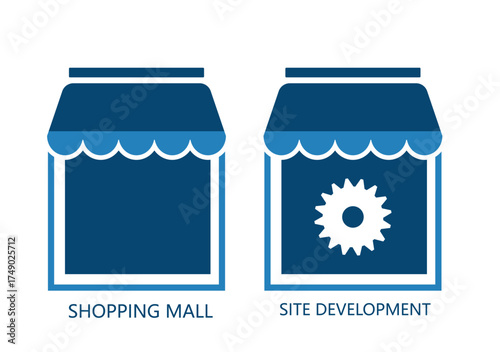 Illustration of shopping mall and site development icons in blue and white colors