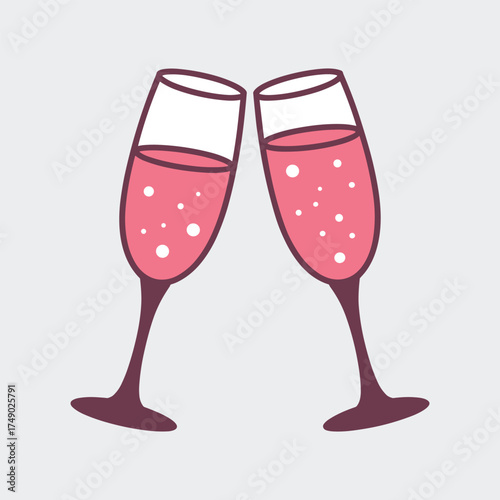 Two pink champagne glasses clinking together with bubbles Keywords: champagne, glasses, clinking