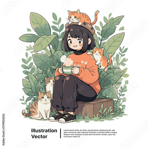 A cute anime girl relaxing in a tranquil garden with her adorable cats and a warm drink
