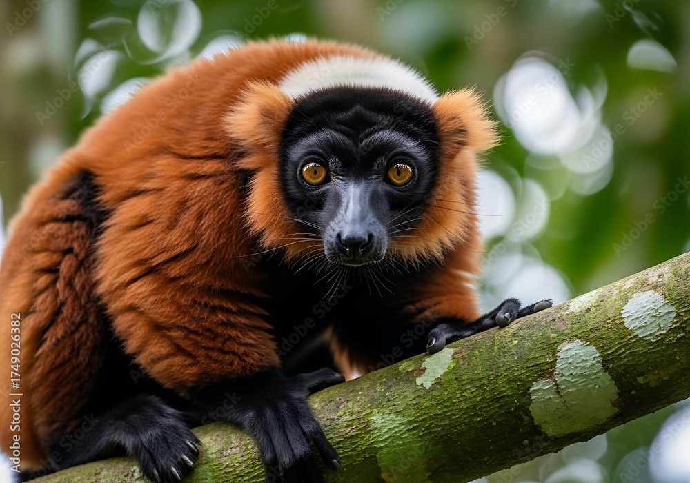 Obraz premium Red Ruffed Lemur Stares Intently from a Tree Branch.