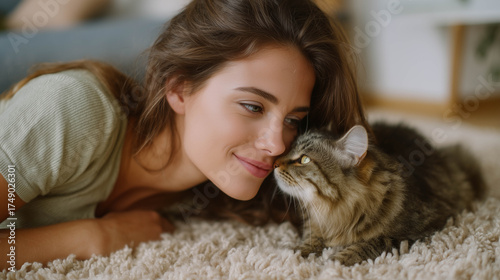 A woman lying on a soft carpet with her cat, nose-to-nose in a loving and playful interaction.