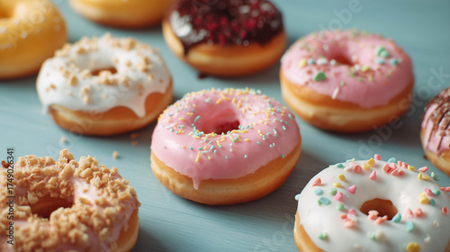 Donuts with a variety of flavors in the background.